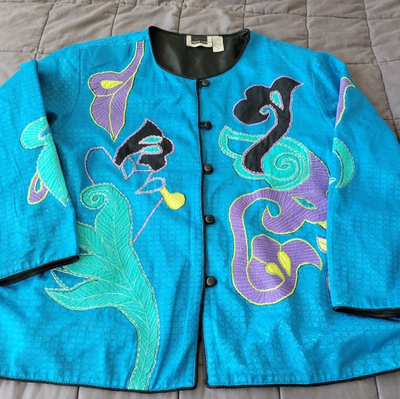 VTG Maggie Barnes Plus Size 3X Lined Artsy Embroidered Blue Jacket - Picture 1 of 8